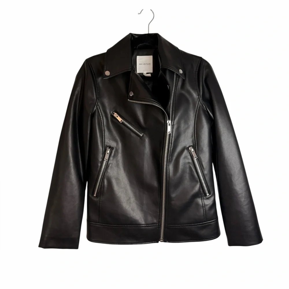 Anthropologie Avec Les Filles Black Relaxed Faux Leather Moto Jacket Women’s XS - Picture 4 of 10